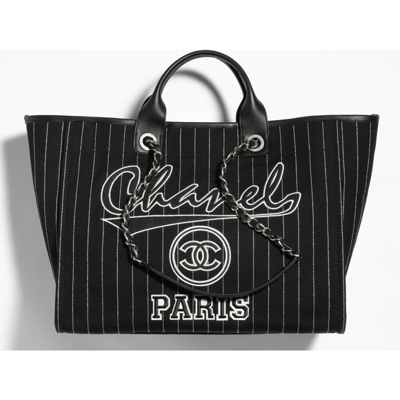 Chanel 23P Deauville Black White Stripe Large Shopping 30cm Top Handle Tote Bag - Picture 1 of 12